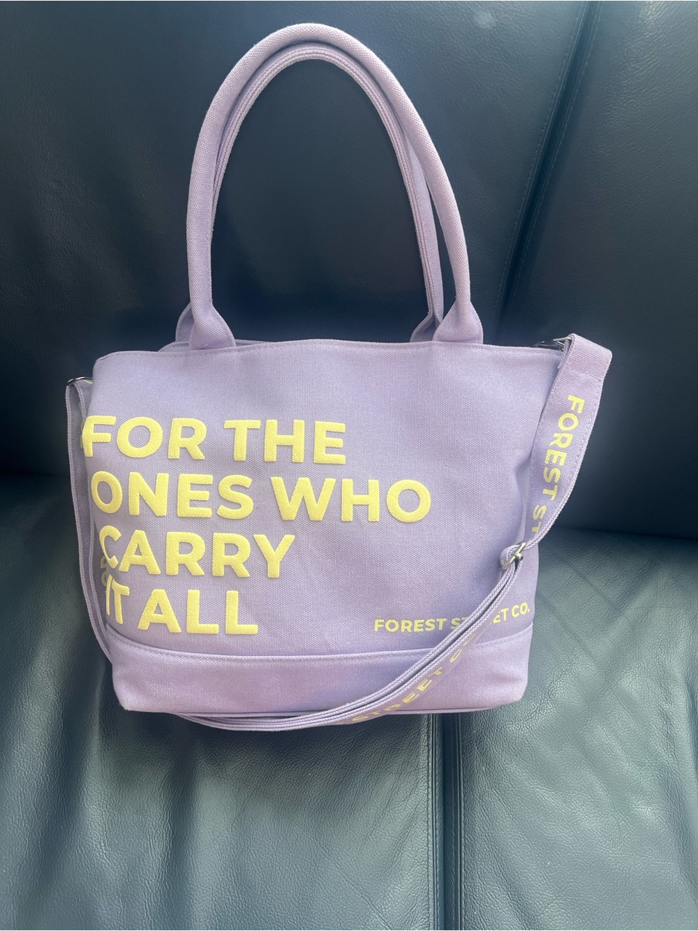 Forest Street Lavender Canvas Tote Bag with Yellow Lettering - Picture 2 of 5